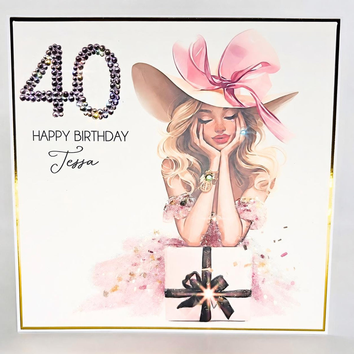 Luxury Personalised 40th Birthday Crystal Card – Statement Hat Design – detail view 3