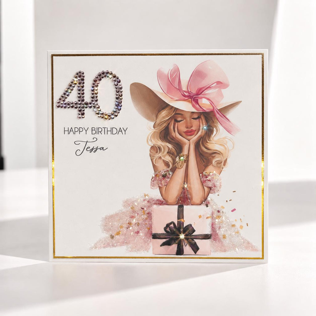 Luxury Personalised 40th Birthday Crystal Card – Statement Hat Design – front view