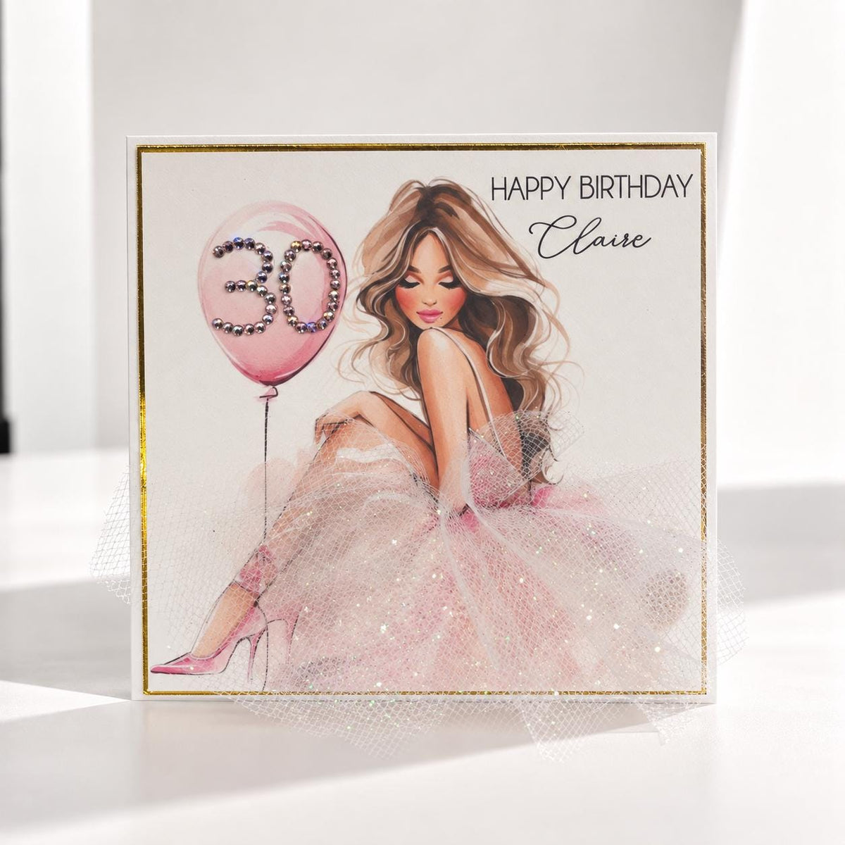 Luxury Personalised 30th Birthday Crystal Card – Glamorous Design – front view