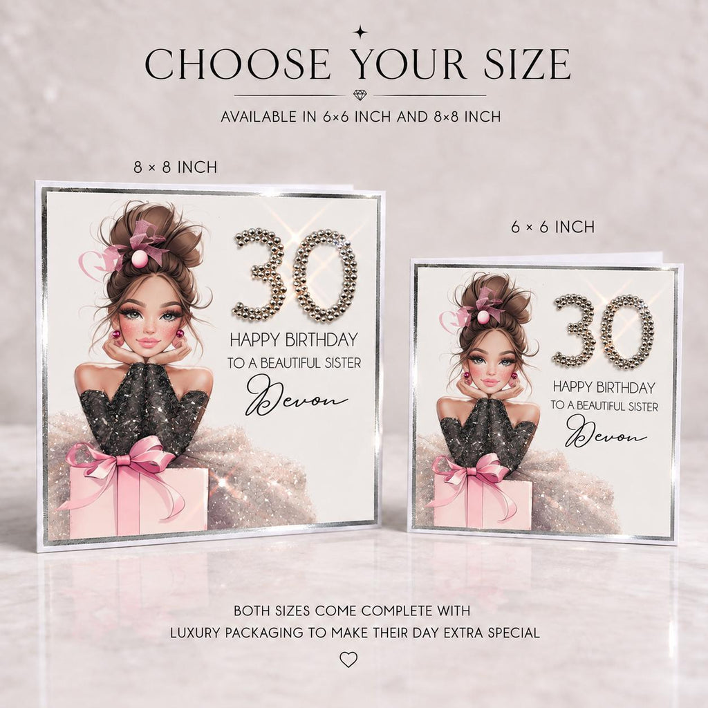 Personalised 30th Birthday Card for Sister, Luxury Handmade Crystal Birthday Card, Sparkly Rhinestone Card, Elegant Milestone Birthday Gift