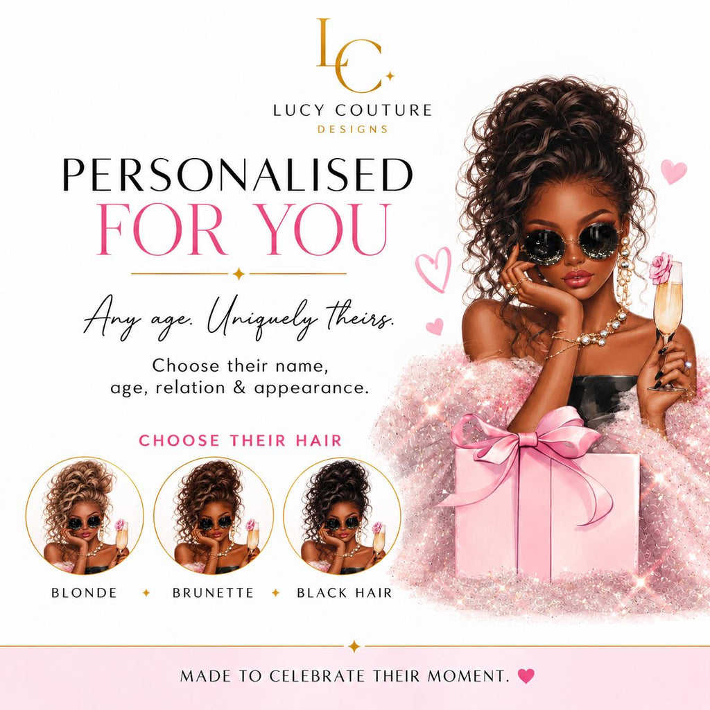 Personalised Black Woman Birthday Card, Luxury Crystal Birthday Card, Dark Skin Girl, Any Age & Name,  Handmade Keepsake