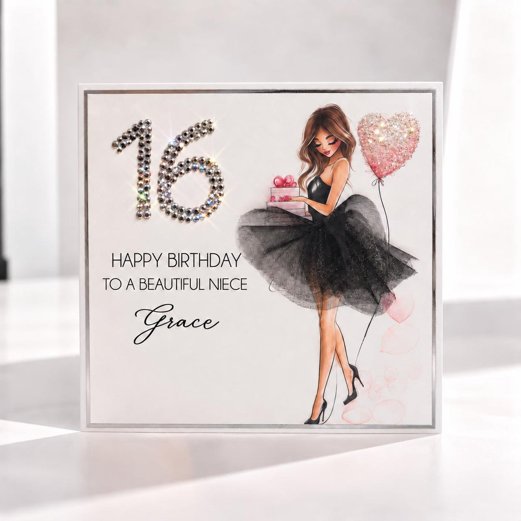 Luxury Personalised 16th Birthday Crystal Card for Her – front view