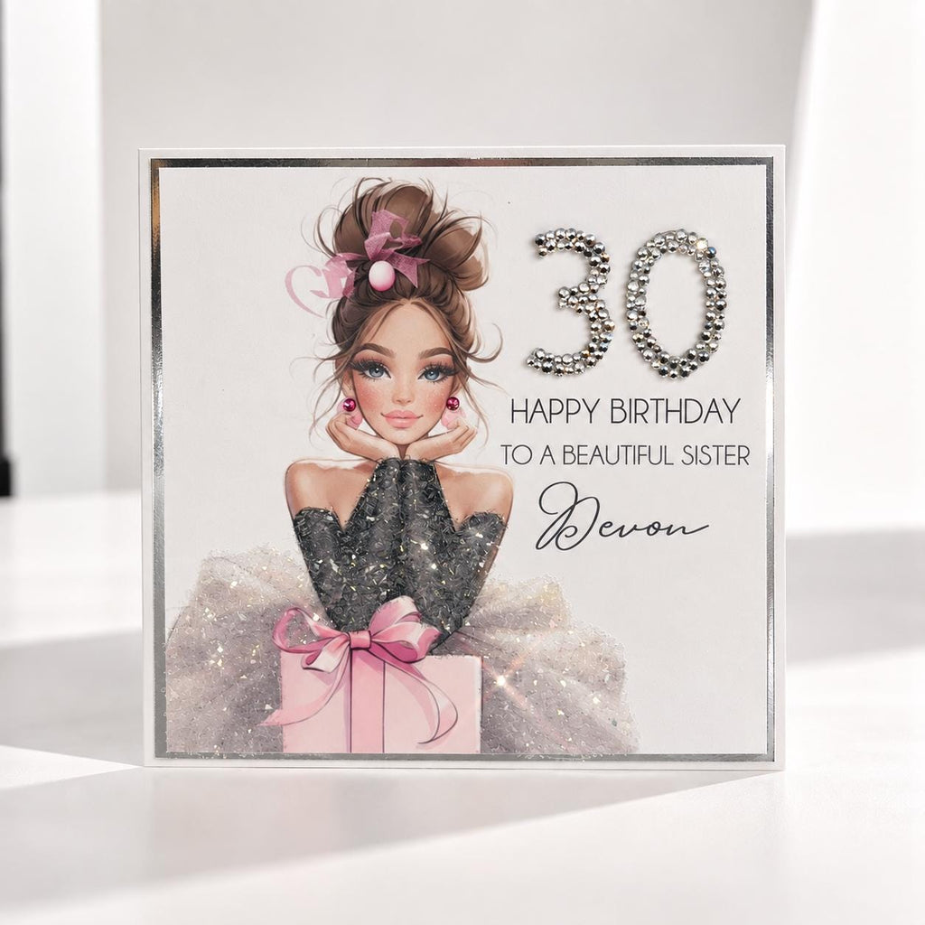 Personalised 30th Birthday Card for Sister, Luxury Handmade Crystal Birthday Card, Sparkly Rhinestone Card, Elegant Milestone Birthday Gift
