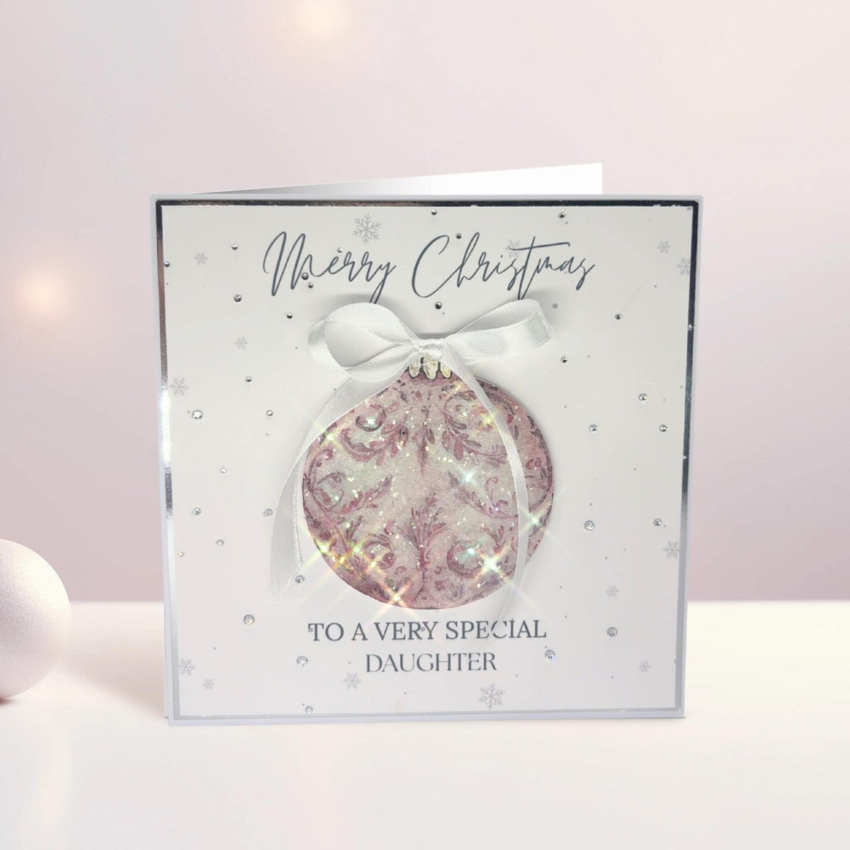 Personalised Sparkly Christmas Bauble Card, Luxury Handmade Crystal Christmas Card, Pink Festive Greeting Card – photo 1