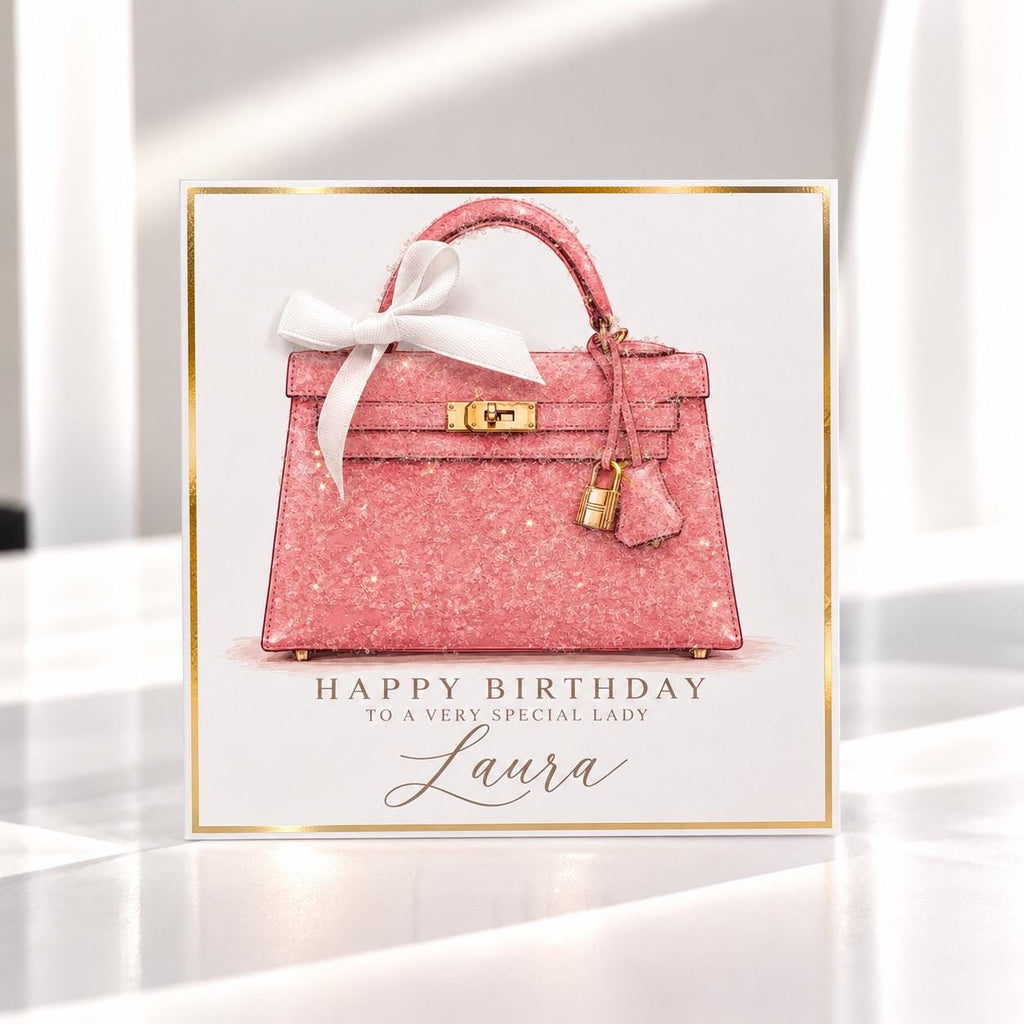 Personalised Pink Handbag Birthday Card | Handmade Glitter Card for Her | Luxury Bag Lover Gift | 6x6 or 8x8 – photo 1