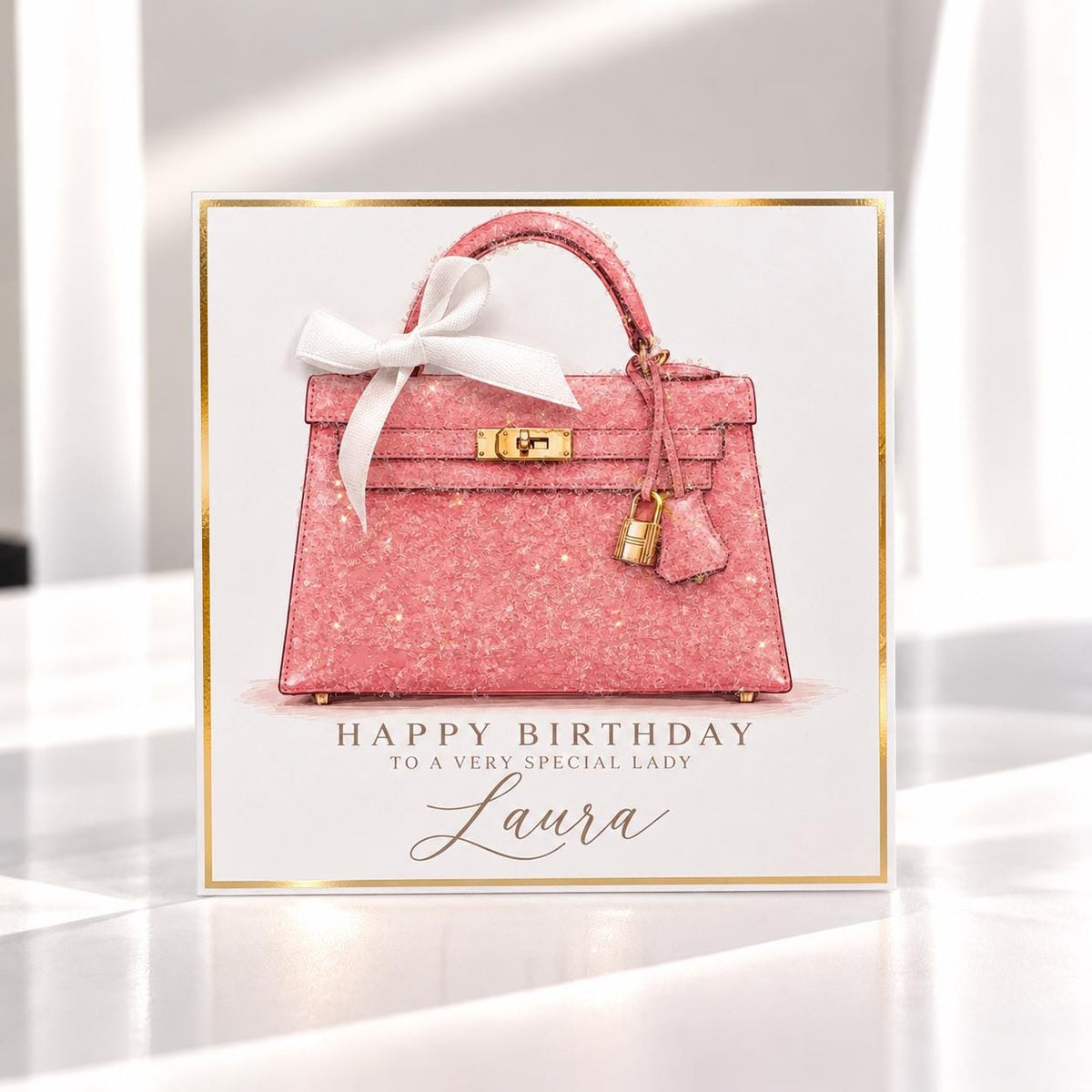Personalised Pink Handbag Birthday Card | Handmade Glitter Card for Her | Luxury Bag Lover Gift | 6x6 or 8x8 – photo 1