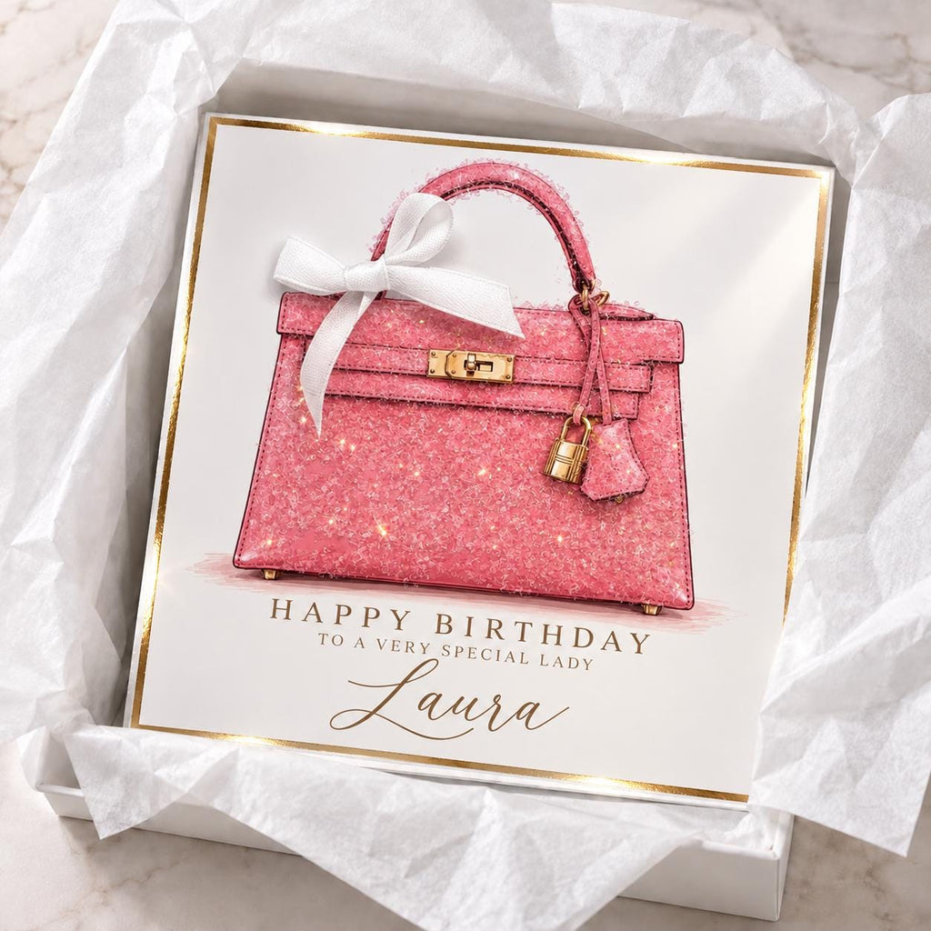 Personalised Pink Handbag Birthday Card | Handmade Glitter Card for Her | Luxury Bag Lover Gift | 6x6 or 8x8 – photo 5