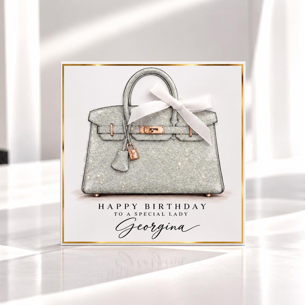 Personalised Handbag Birthday Card | Crocodile Effect Bag Illustration | Handmade Sparkle Card for Her | 6x6 or 8x8 – photo 1