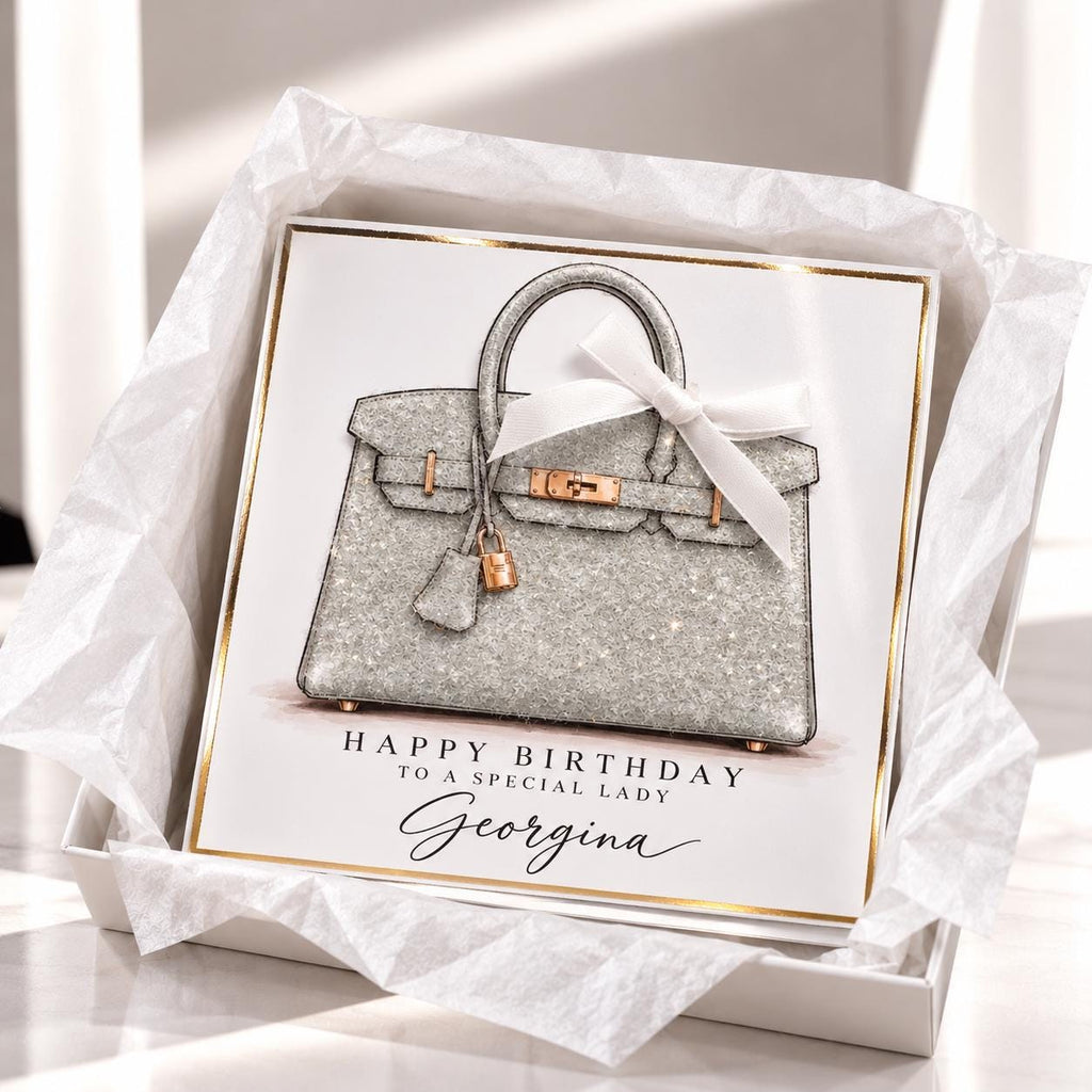Personalised Handbag Birthday Card | Crocodile Effect Bag Illustration | Handmade Sparkle Card for Her | 6x6 or 8x8 – photo 5
