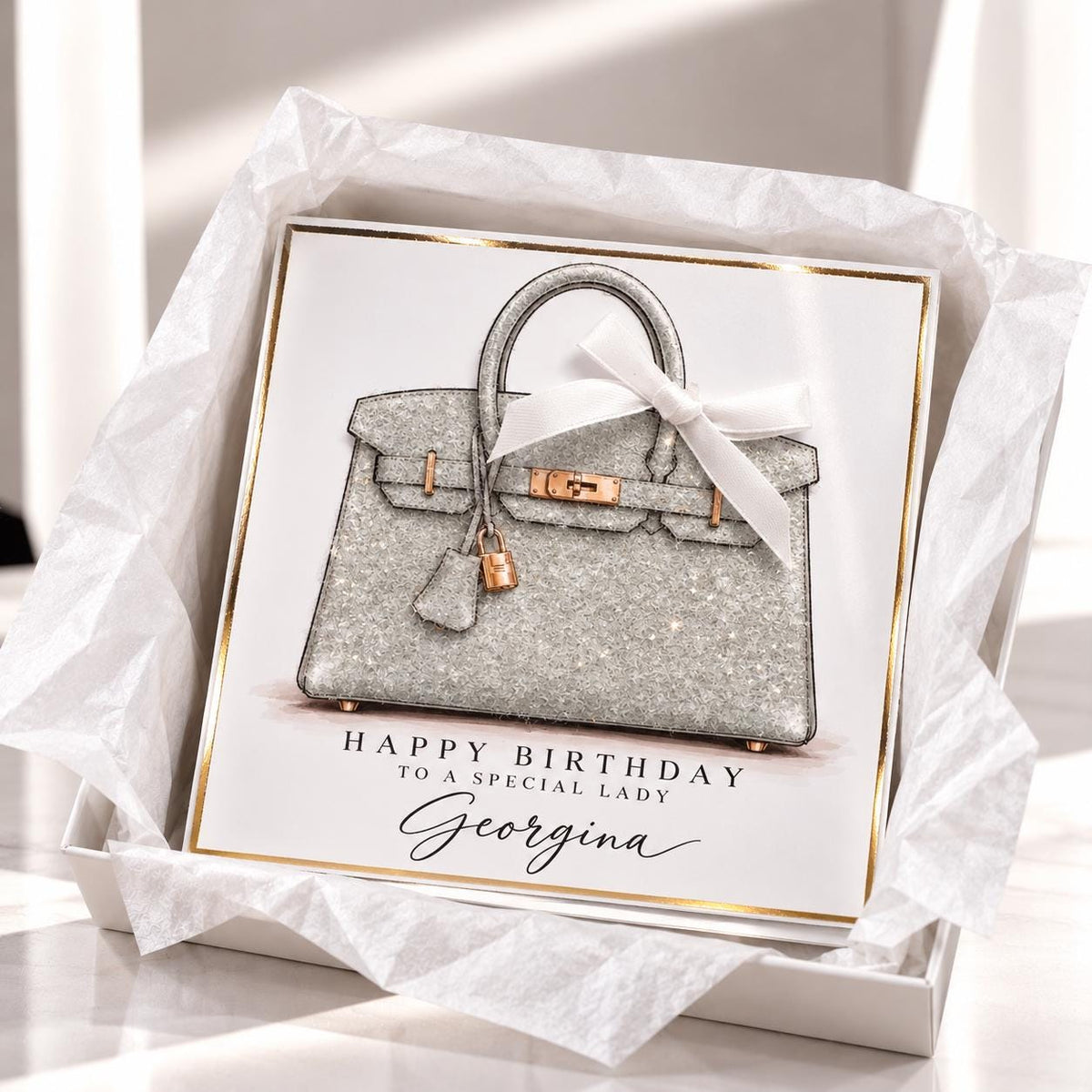 Personalised Handbag Birthday Card | Crocodile Effect Bag Illustration | Handmade Sparkle Card for Her | 6x6 or 8x8 – photo 5
