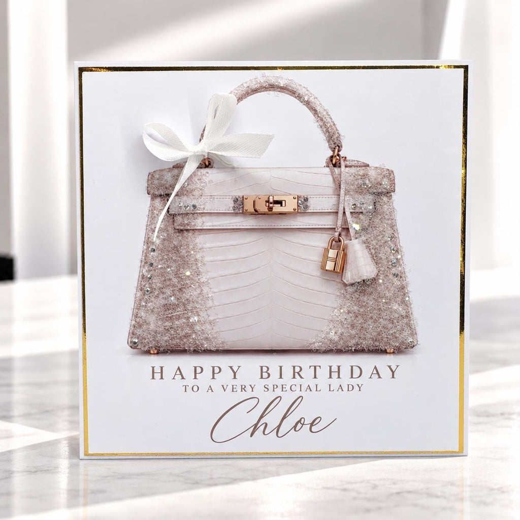 Personalised Pink Handbag Birthday Card | Handmade Glitter Card for Her | Luxury Bag Lover Gift | 6x6 or 8x8 – photo 1