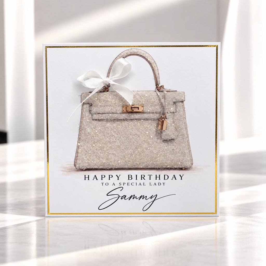 Personalised Pink Handbag Birthday Card | Handmade Glitter Card for Her | Luxury Bag Lover Gift | 6x6 or 8x8 – photo 1