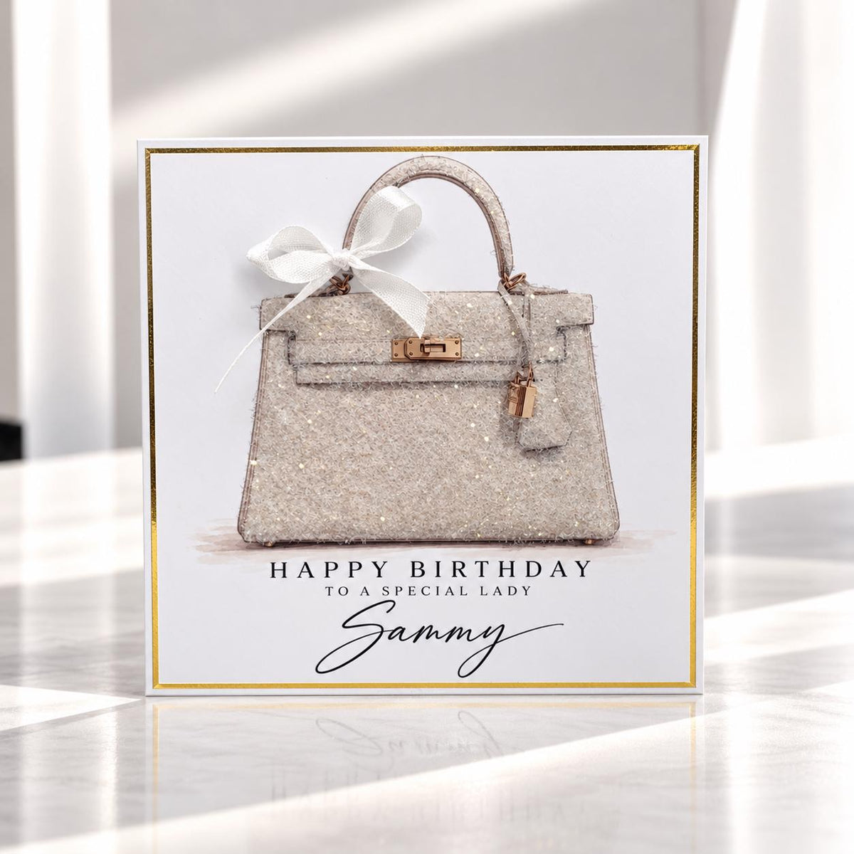 Personalised Pink Handbag Birthday Card | Handmade Glitter Card for Her | Luxury Bag Lover Gift | 6x6 or 8x8 – photo 1