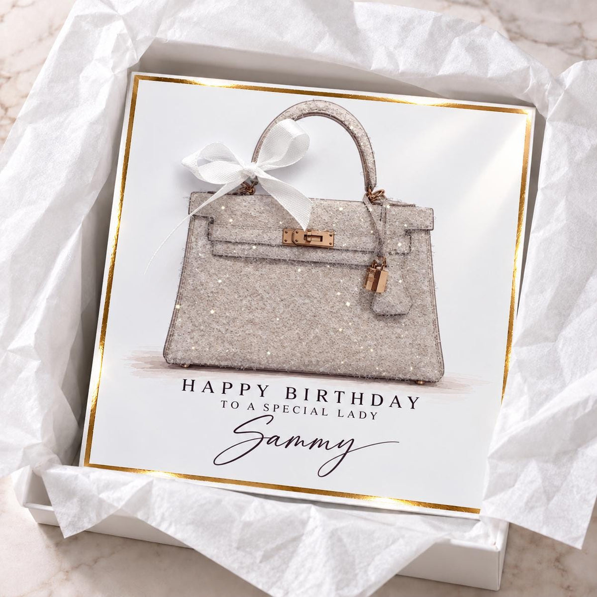 Personalised Pink Handbag Birthday Card | Handmade Glitter Card for Her | Luxury Bag Lover Gift | 6x6 or 8x8 – photo 5