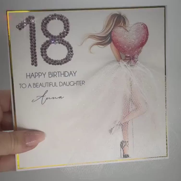 Luxury Personalised 18th Birthday Crystal Card for Daughter – Pink Heart Design