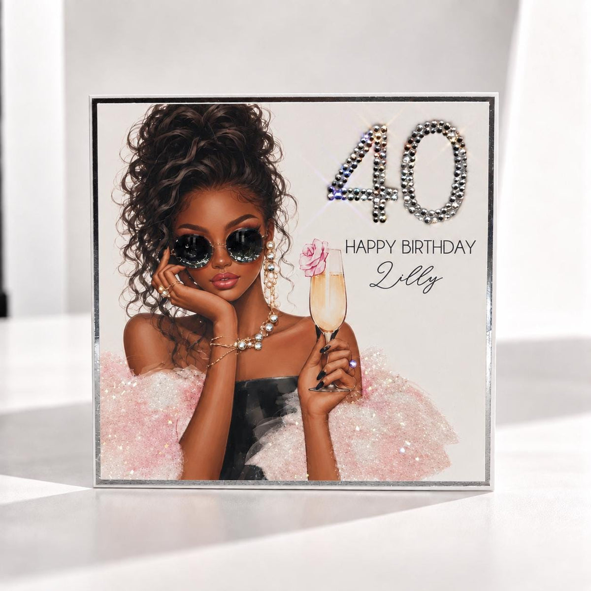 Personalised Black Woman Birthday Card, Luxury Crystal Birthday Card, Dark Skin Girl, Any Age & Name,  Handmade Keepsake